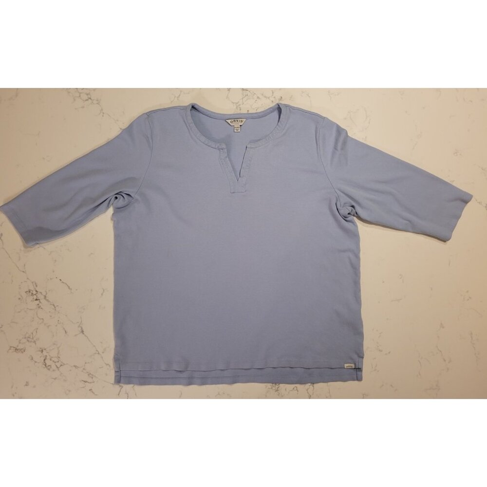 Orvis Classic Collection 3/4 Sleeves V-neck 100% Cotton Shirt Blue Women's XXL